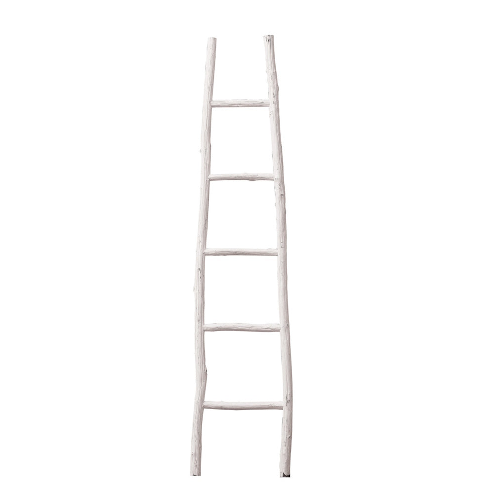 A rustic, white-painted wooden blanket ladder with five rungs on a solid white background.