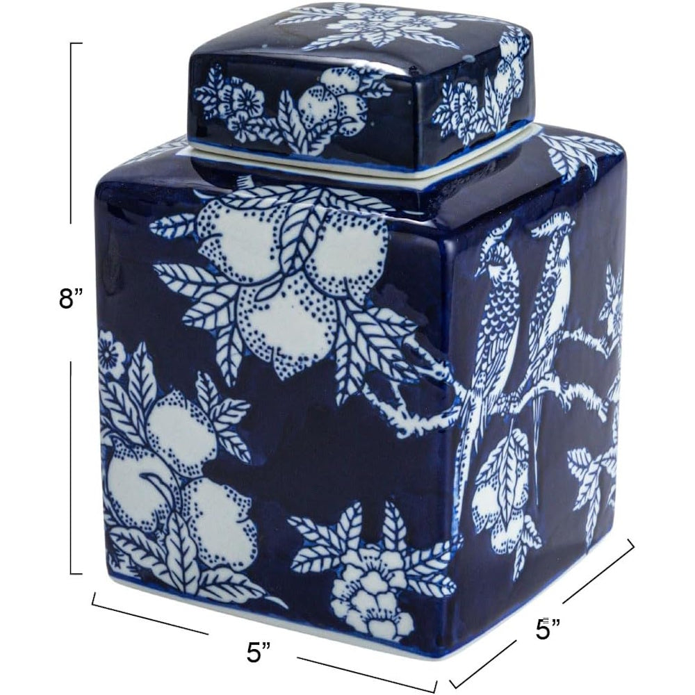 Square blue and white ceramic ginger jar with a lid, featuring a floral and bird design with dimensions.