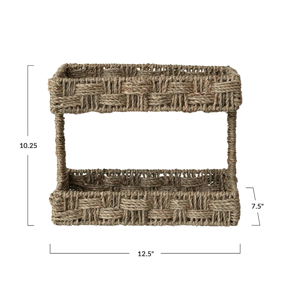 Two-tier woven seagrass tray with dimensions labeled: 12.5" wide, 7.5" deep, and 10.25" high.