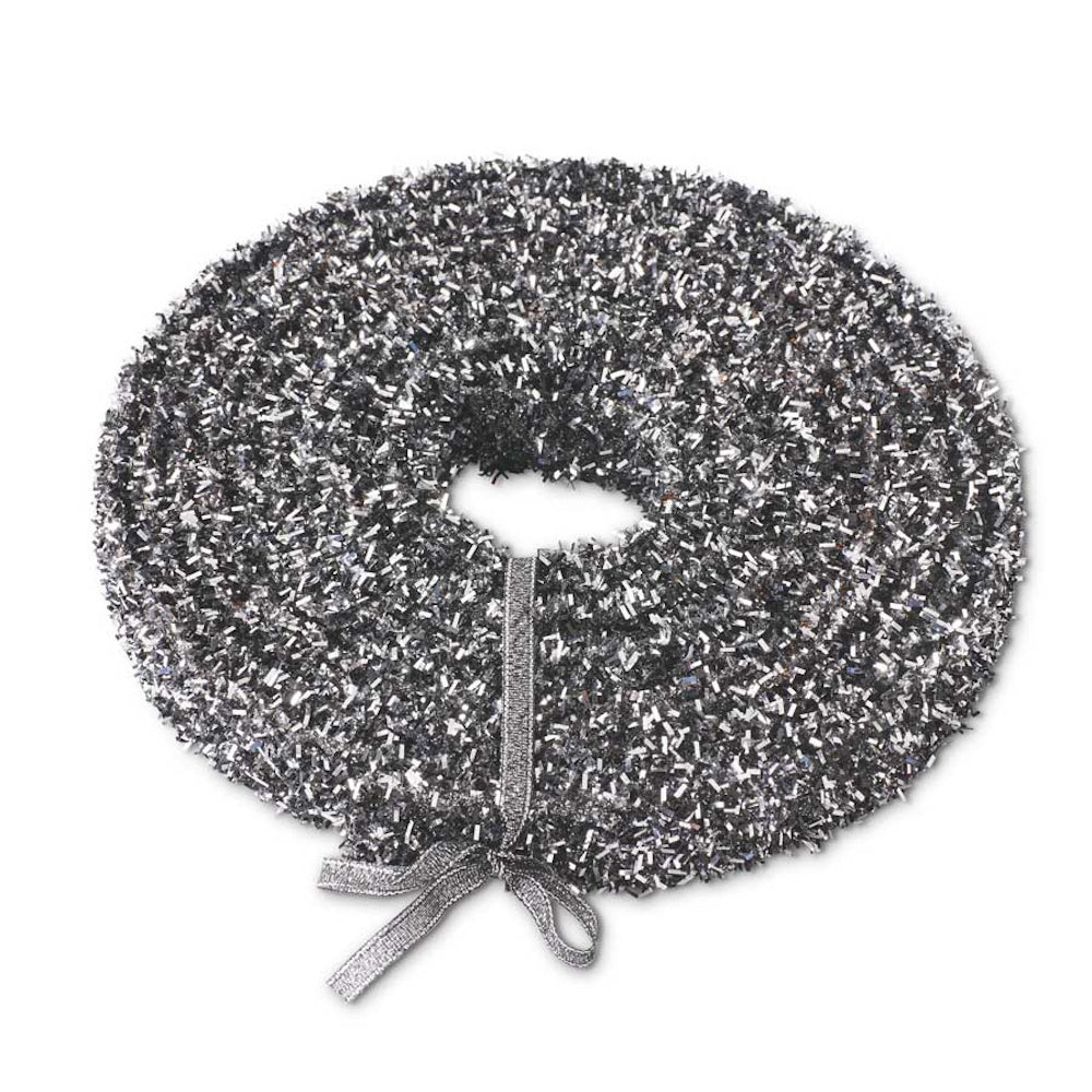 Coiled metallic silver and black tinsel garland ribbon tied with a shimmering silver bow.