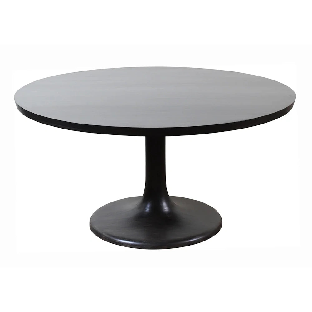 Black round pedestal dining table with sleek tulip base and modern minimalist wood finish design.