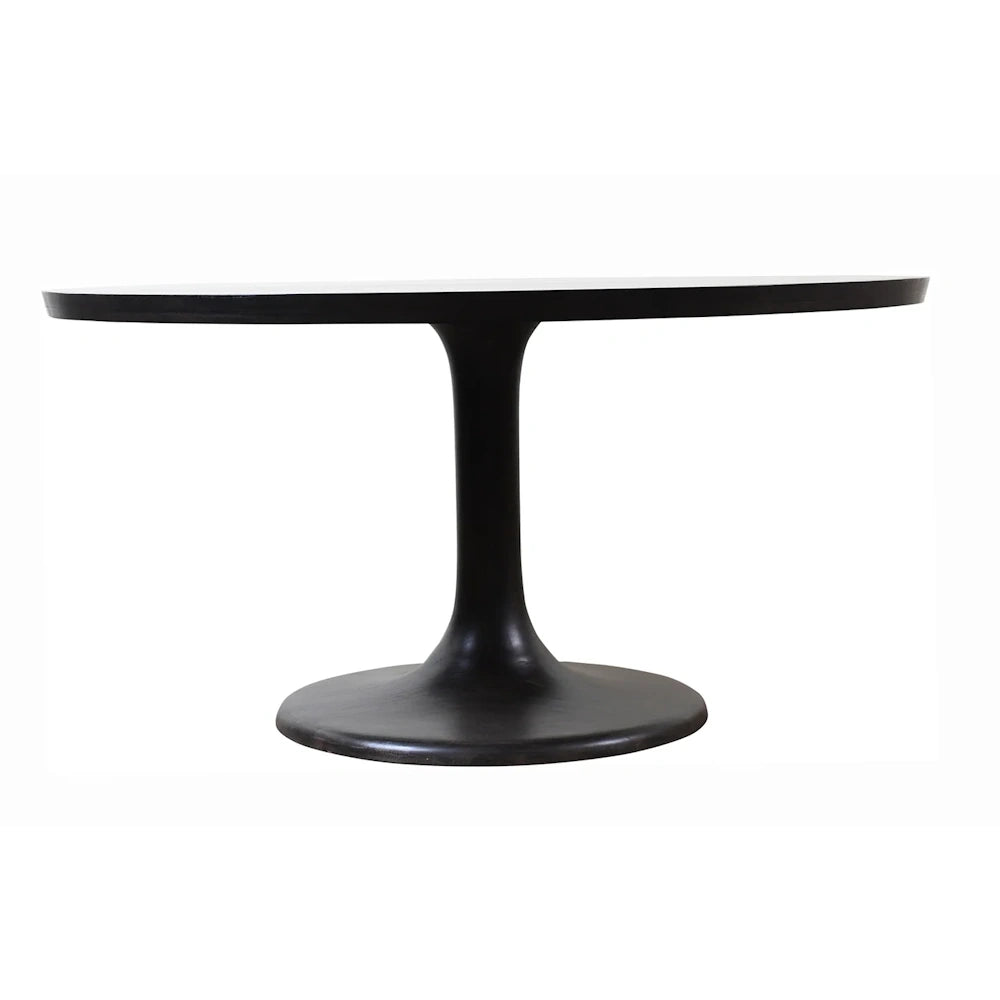 Side profile of black round dining table with slim tabletop and sculptural pedestal base in modern style.