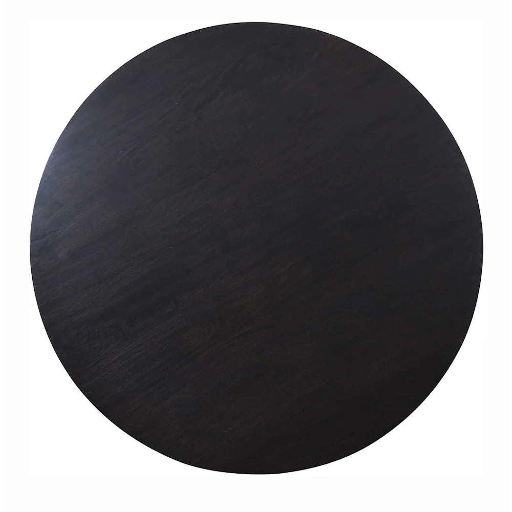 Top view of black round dining table showcasing smooth wood grain surface and modern minimalist design.