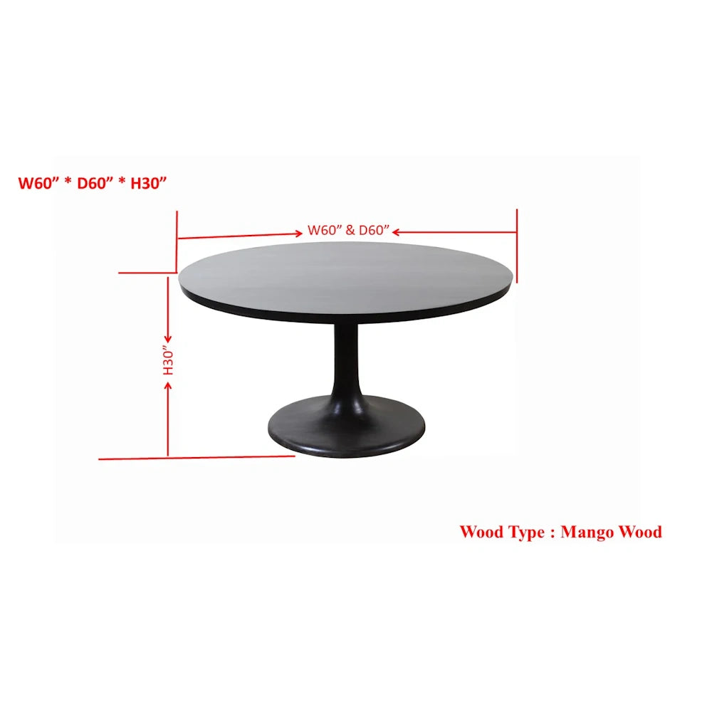 Black round dining table dimensions, 60 inch diameter, 30 inch height with mango wood pedestal base design.