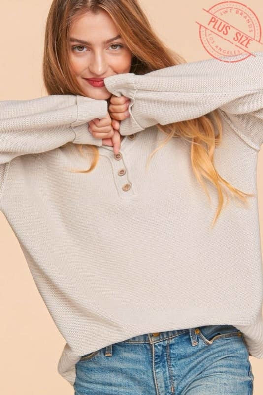 v neck button down oversized long sleeve oatmeal — alternate view 2