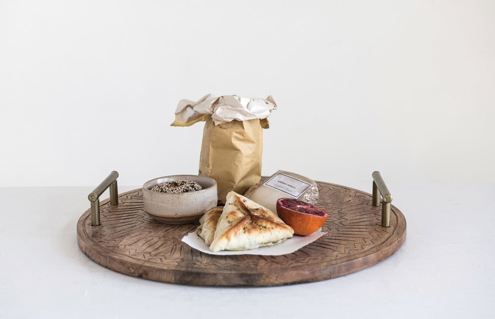 Round Hand-Carved Mango Wood Tray with Metal Handles — alternate view 4