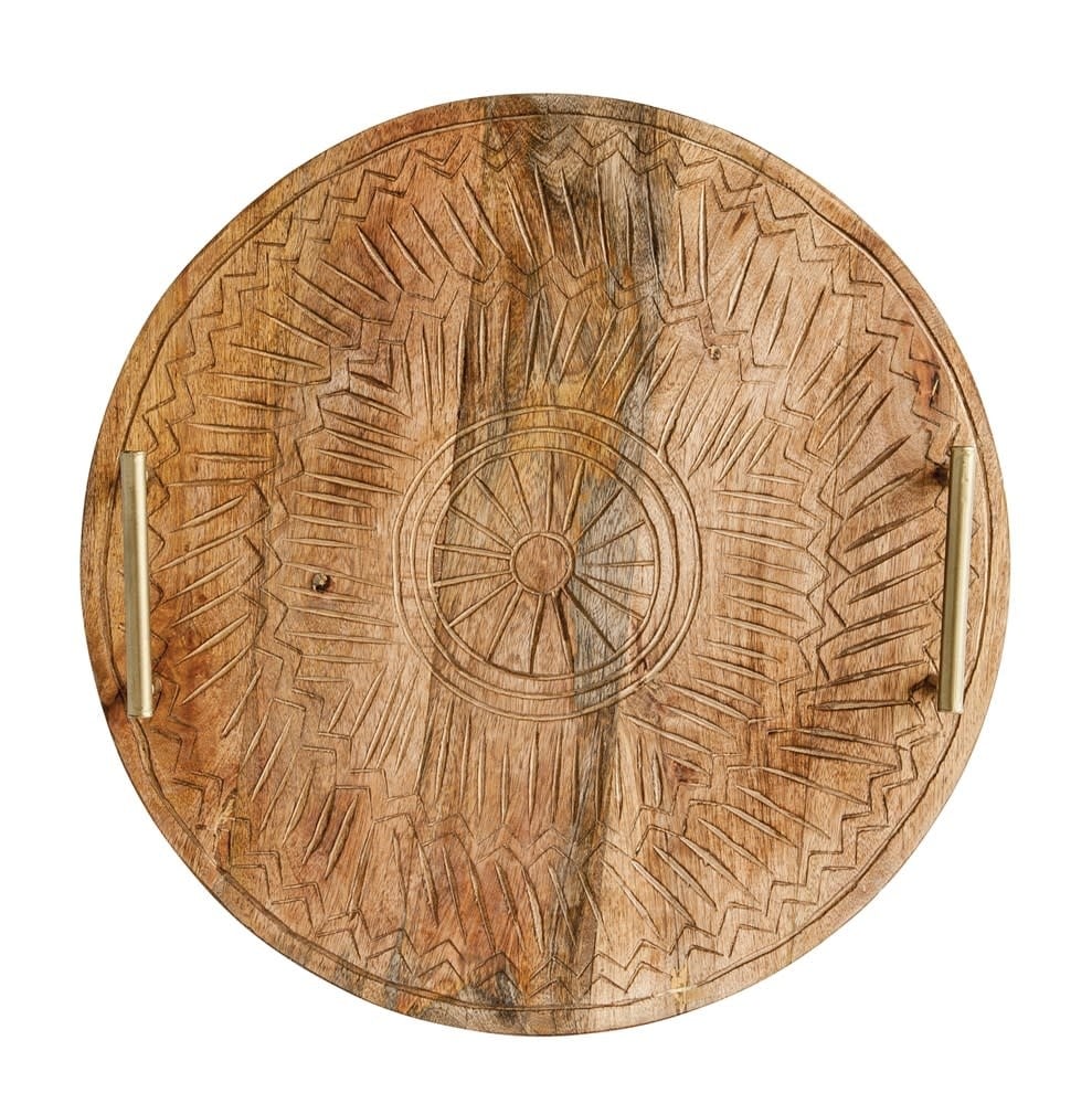 Round Hand-Carved Mango Wood Tray with Metal Handles — alternate view 2