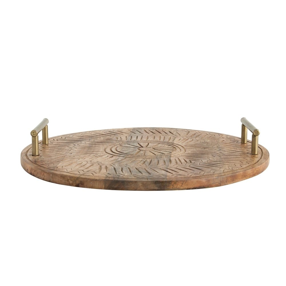 Round Hand-Carved Mango Wood Tray with Metal Handles — alternate view 3