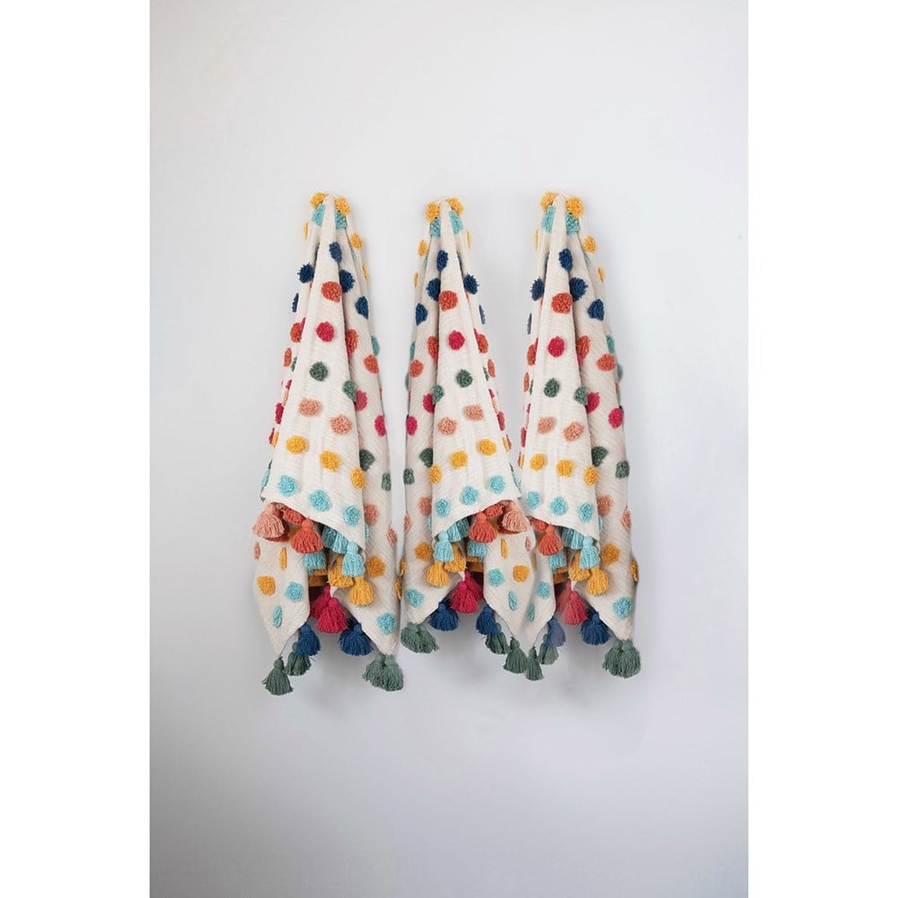 Woven Cotton Throw with Tufted Dots & Tassels, Multicolored — alternate view 3