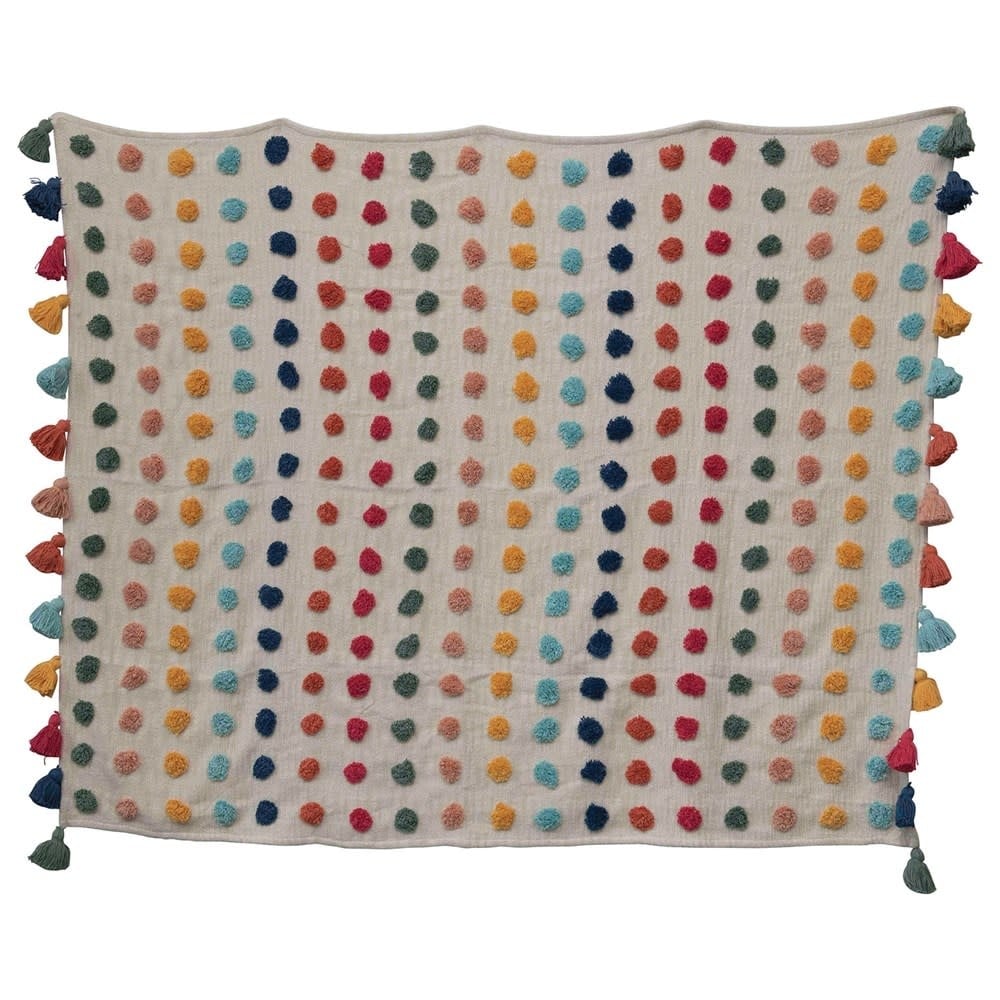 Woven Cotton Throw with Tufted Dots & Tassels, Multicolored — alternate view 2