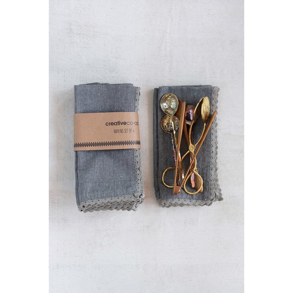 Square Cotton Napkins w/ Lace Trim, Charcoal Color, Set of 4 — alternate view 3