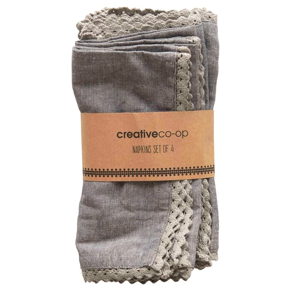 Square Cotton Napkins w/ Lace Trim, Charcoal Color, Set of 4 — alternate view 2