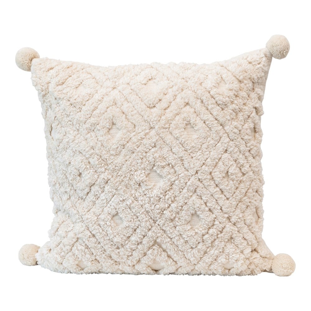 24" Square Cotton Tufted Pillow w/ Pom Poms, Cream Color — alternate view 2