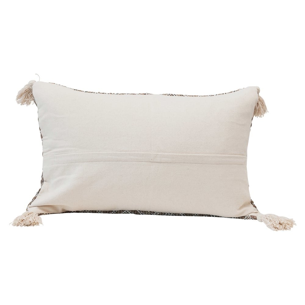 Cotton Woven Lumbar Pillow with Diamond Pattern & Tassels, Black, Cream & Tan Color — alternate view 3