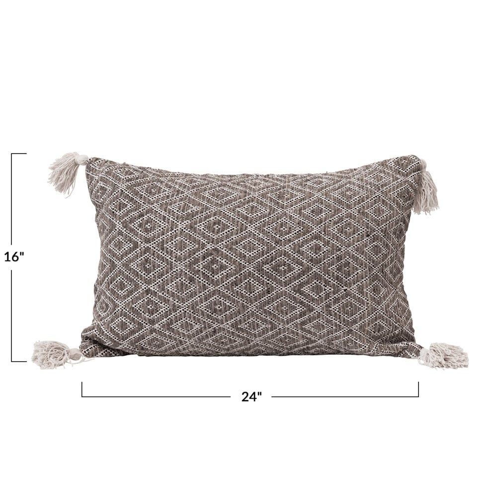 Cotton Woven Lumbar Pillow with Diamond Pattern & Tassels, Black, Cream & Tan Color — alternate view 4