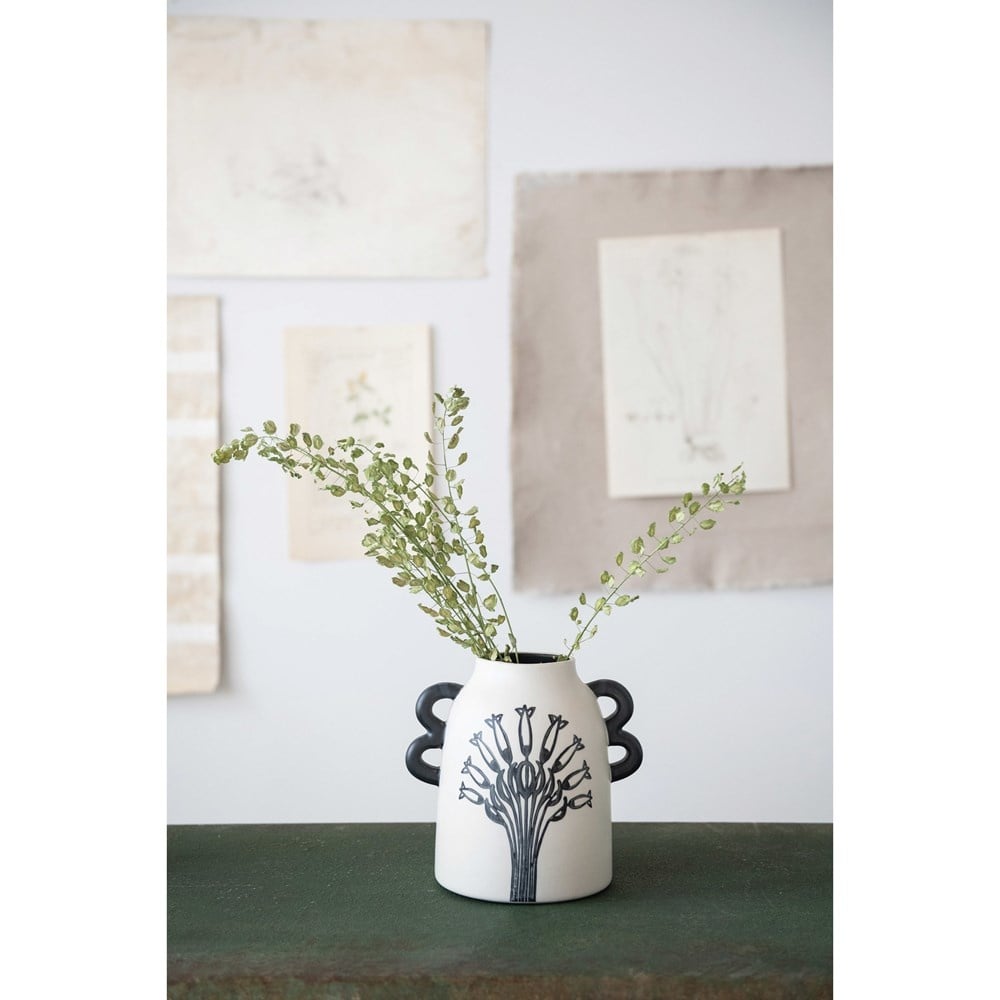 Hand-Painted Stoneware Vase with Handles & Flower, Black & White — alternate view 3