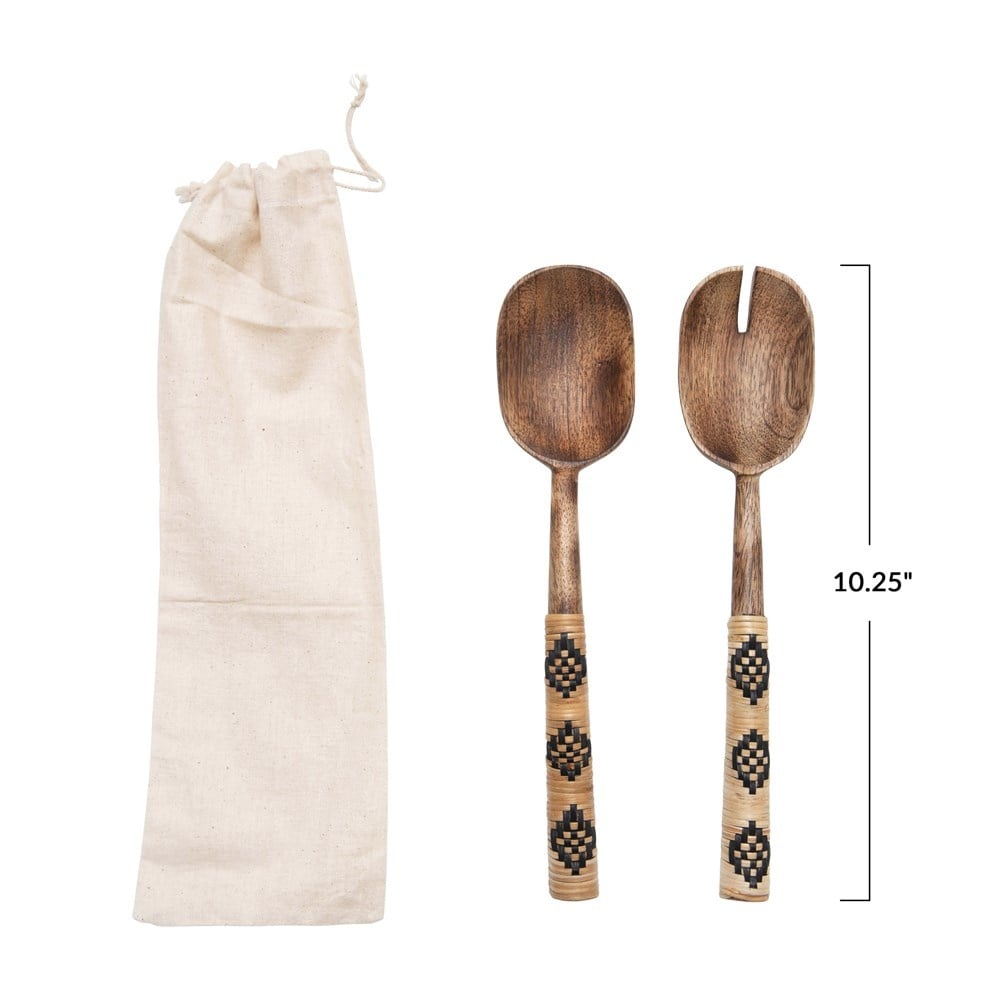 Mango Wood Salad Servers with Patterned Rattan Wrapped Handles, Set of 2 in Drawstring Bag — alternate view 3