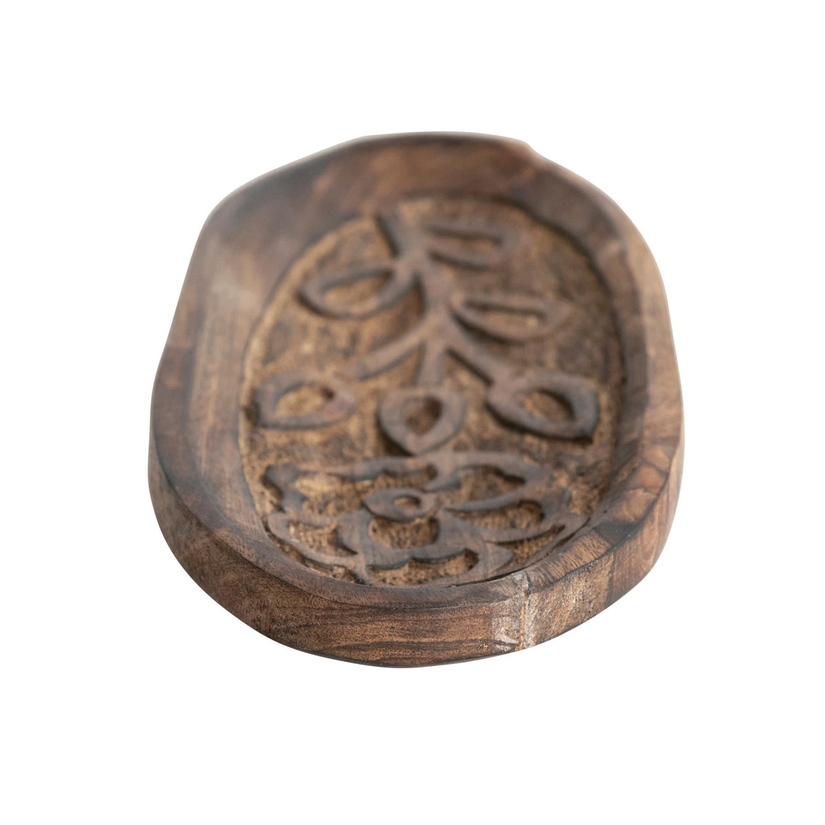 Decorative Hand-Carved Mango Wood Tray w/ Flower — alternate view 3