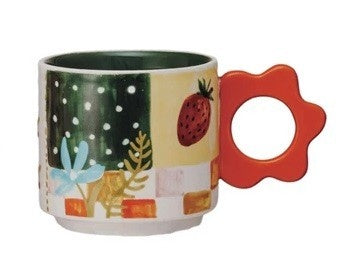 Hand-Painted Stoneware Mug With Flower Shaped Handle, 4 Styles