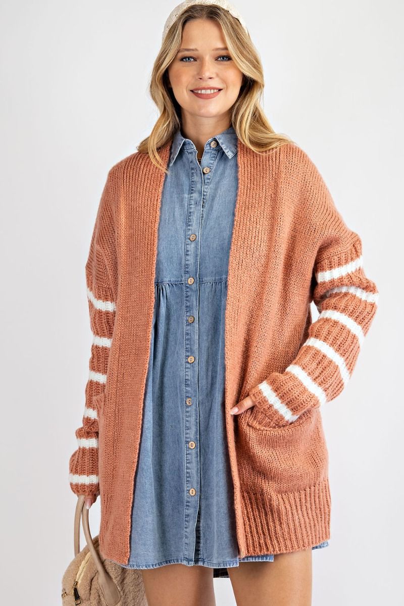 Striped Long Sleeve Knitted Cardigan-Terra Cotta — alternate view 3