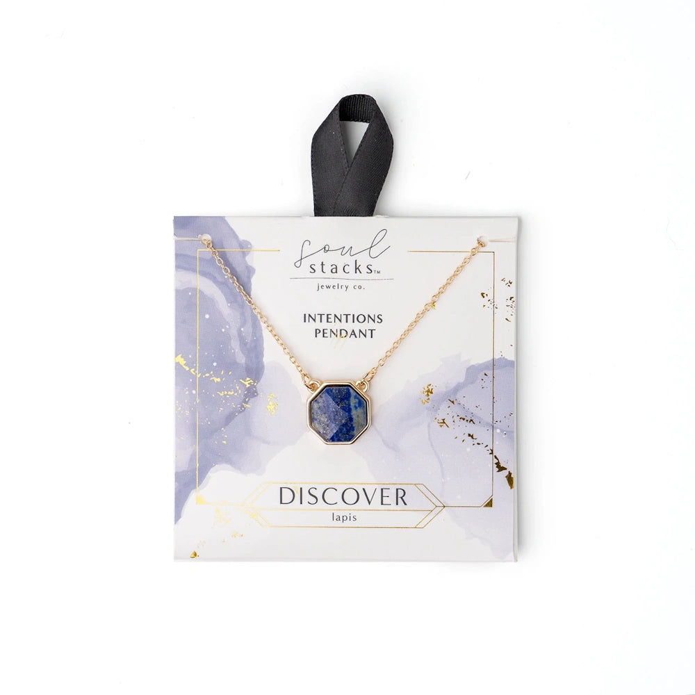 Soul Stacks lapis lazuli intentions necklace featuring an octagonal blue stone pendant on a gold chain.
