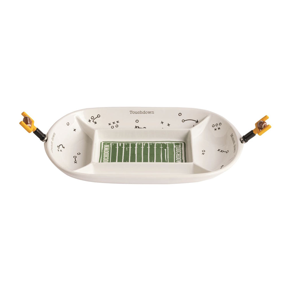 Divided football field serving platter with goalpost handles and playbook markings.