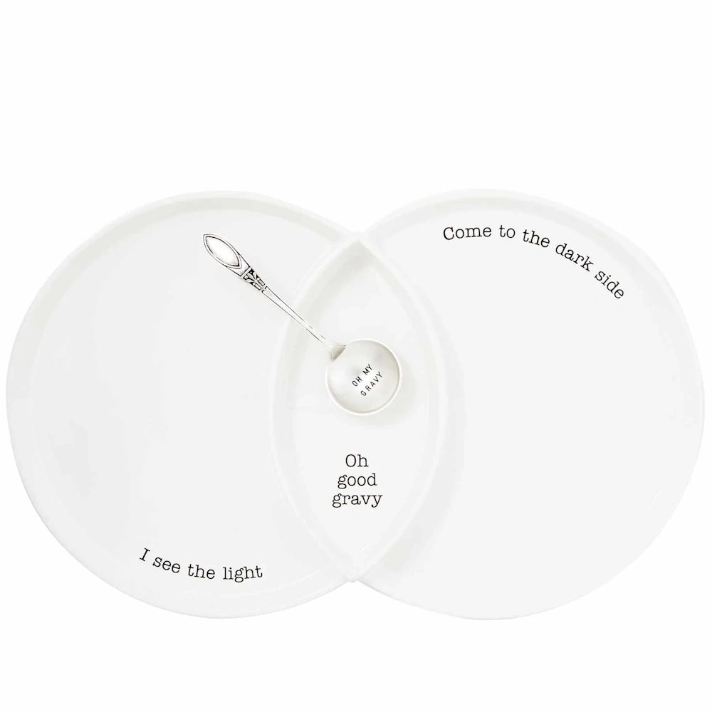 White ceramic Venn diagram platter with turkey-themed text and a silver "Oh My Gravy" spoon.