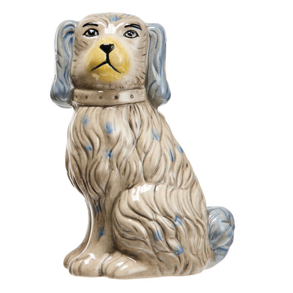 Hand-painted vintage-style ceramic spaniel dog vase with blue spotted fur and yellow muzzle on a white background.