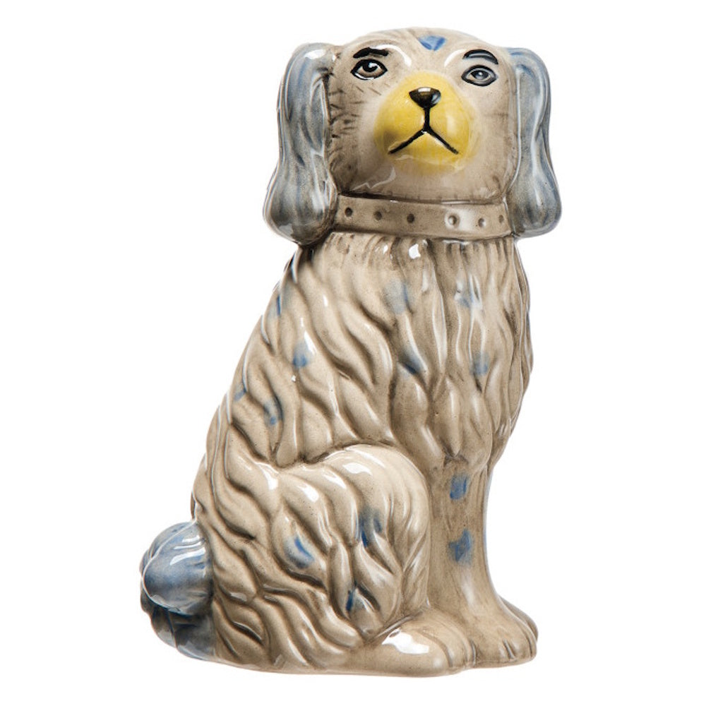 Vintage-style hand-painted ceramic dog vase with blue spotted fur, floppy ears, and a yellow muzzle on a white background.