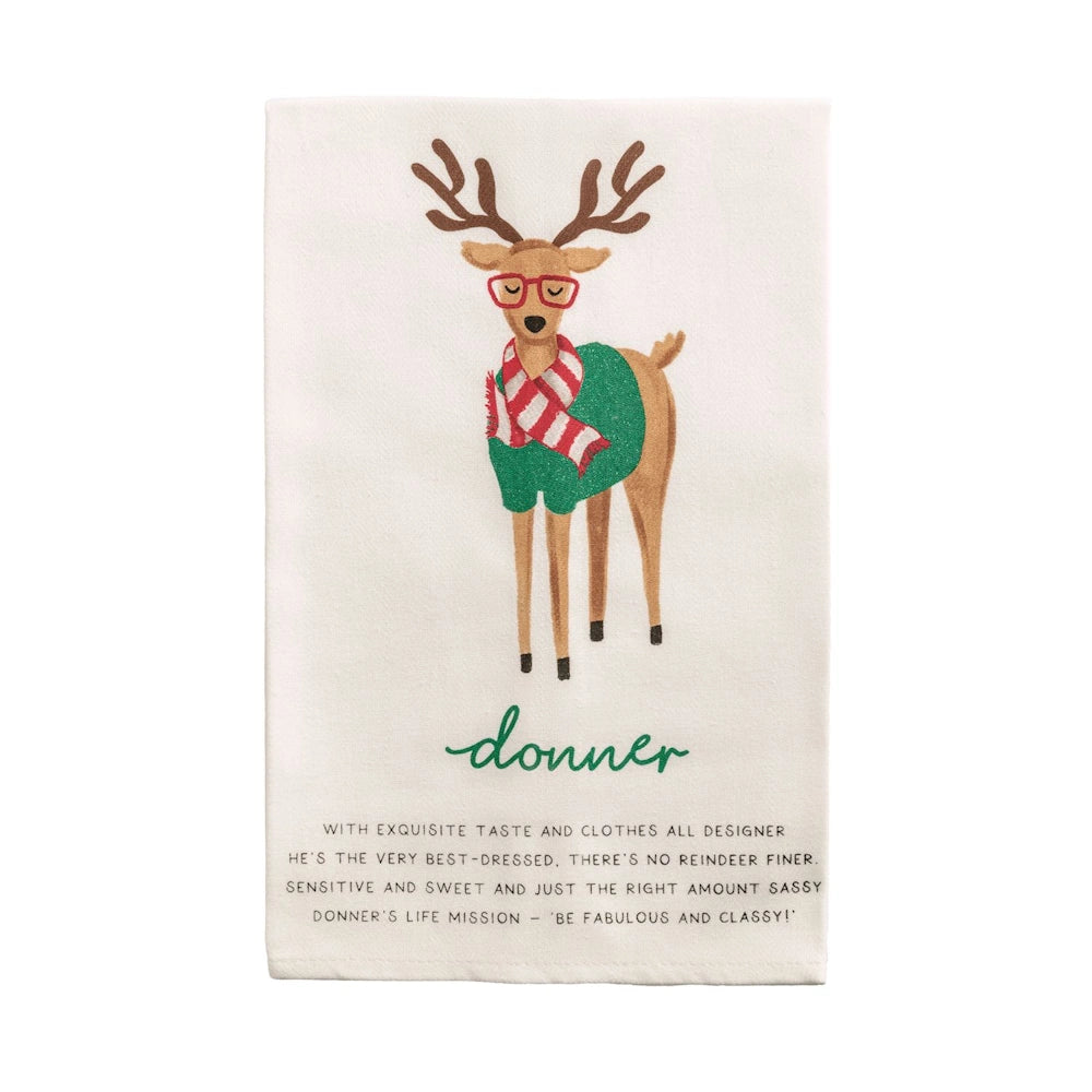 White towel featuring a reindeer wearing glasses and a green sweater, with "donner" and a poem.