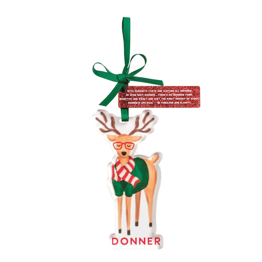 Acrylic reindeer ornament labeled "DONNER" wearing red glasses, a green sweater, and a scarf.
