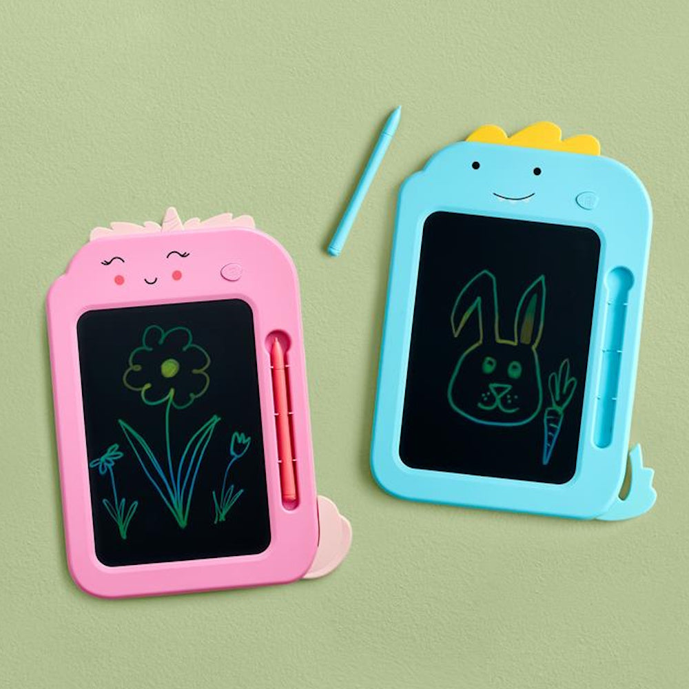 Pink unicorn and blue dinosaur LCD drawing tablets for kids displaying colorful line art drawings.