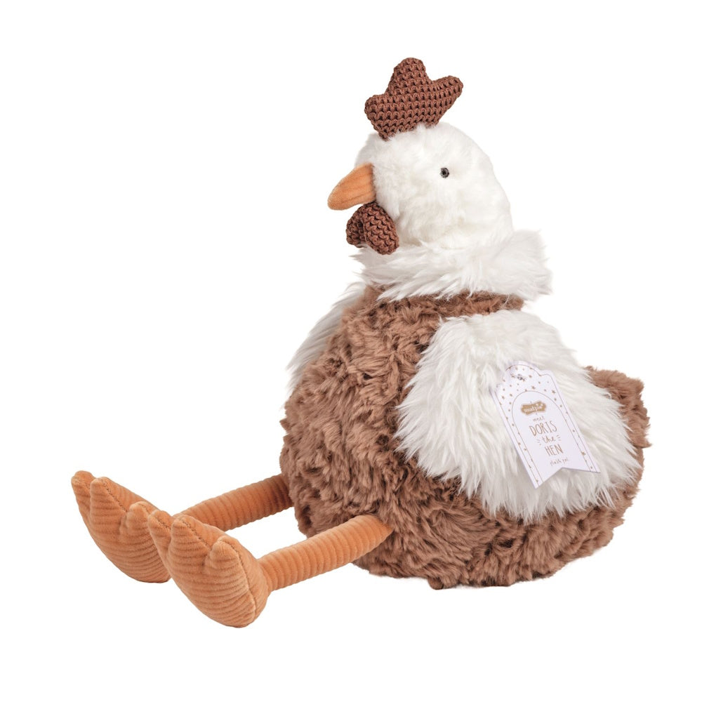 Mud Pie Doris the Hen plush toy with white and brown fuzzy fur, corduroy legs, and a knit comb.