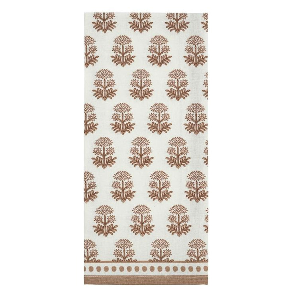 Taupe floral block print hand towel with a dotted border on white cotton fabric for kitchen or bath decor.