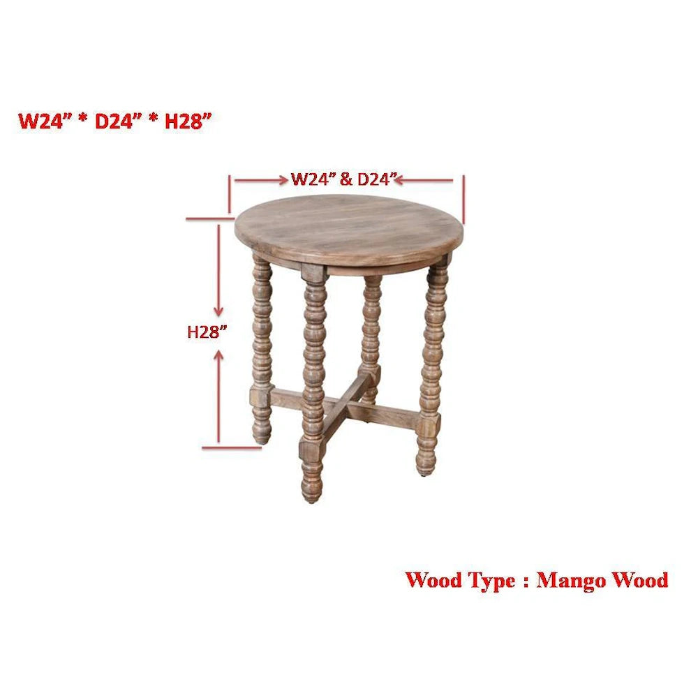 Round mango wood accent table dimension diagram with 24 inch top, 28 inch height and turned legs.