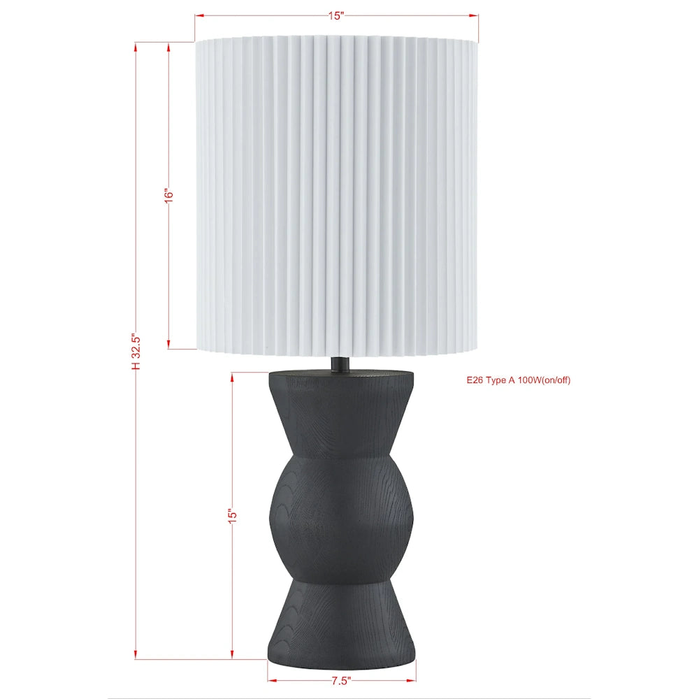 Black hourglass table lamp dimensions with white pleated shade, 32.5 inch height and 15 inch width.