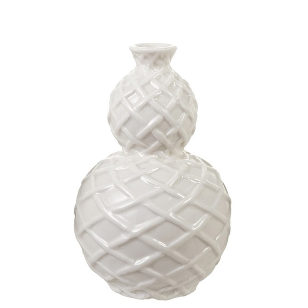 Glossy white double-gourd ceramic vase with a textured basketweave lattice pattern.