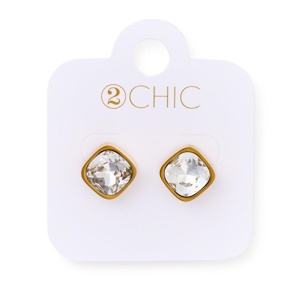 Square-cut clear crystal stud earrings in gold-toned settings displayed on a white 2 CHIC card.