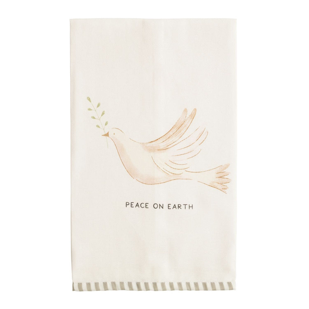 Holiday kitchen towel with a white dove holding an olive branch and the text "PEACE ON EARTH".