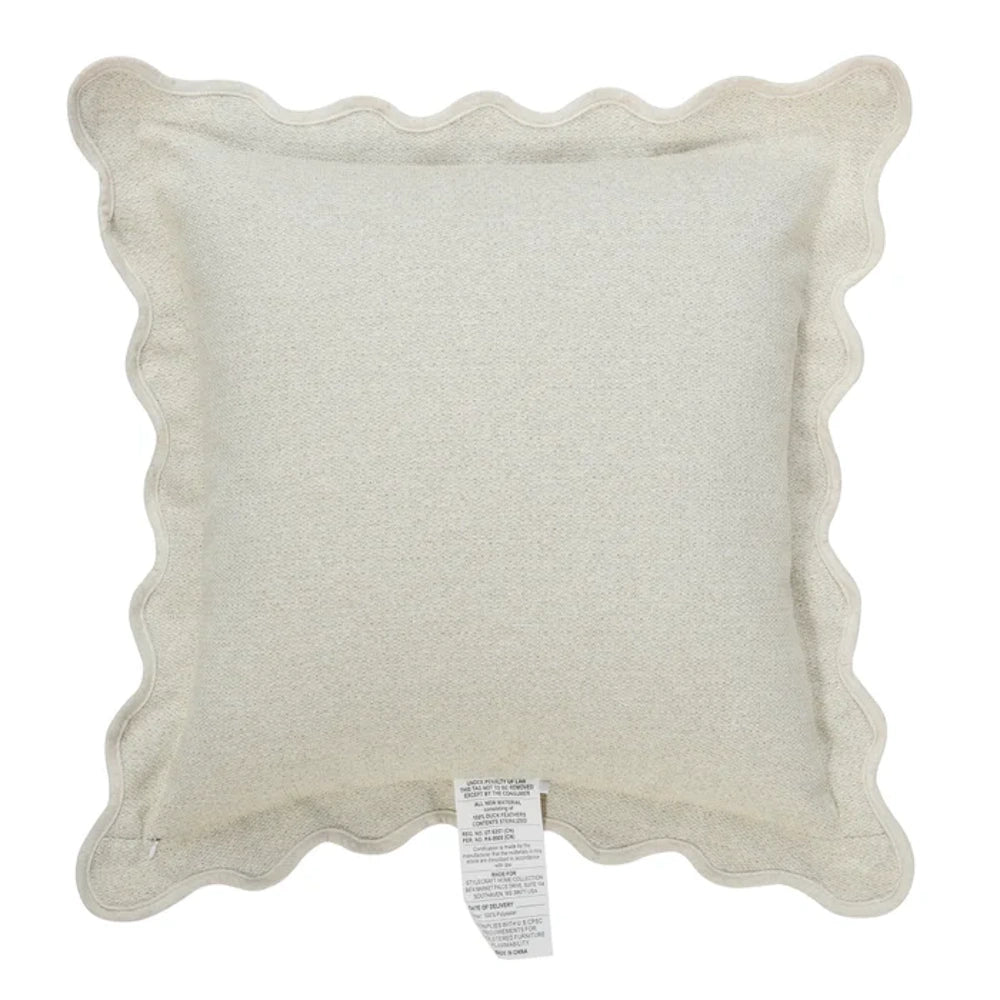 Neutral textured square throw pillow with a scalloped edge and down fill, designed by Tamara Day for home decor.