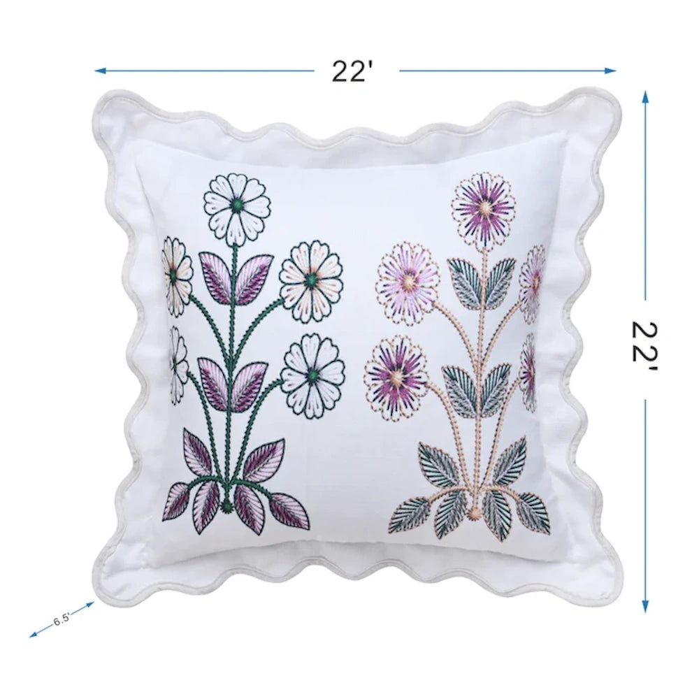 White scalloped floral throw pillow by Tamara Day with dimensions showing 22 by 22 inches and a 6.5-inch depth.