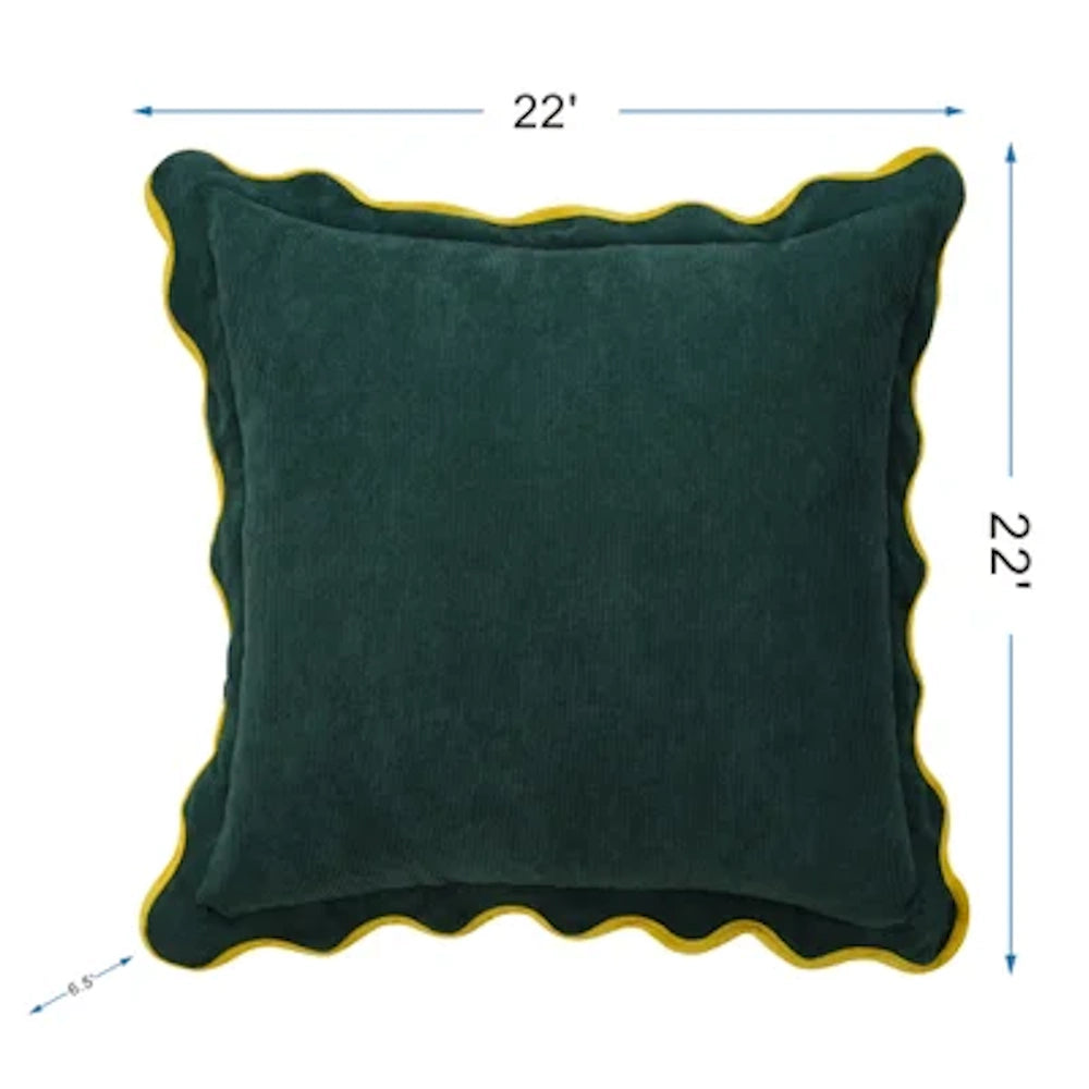 Green 22x22 scalloped throw pillow by Tamara Day with down fill, featuring yellow piping and textured fabric.