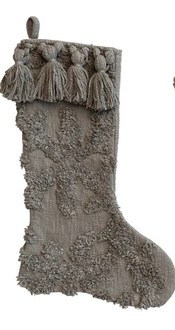 Cotton Slub Stocking With Tufting & Tassels, Grey — alternate view 2
