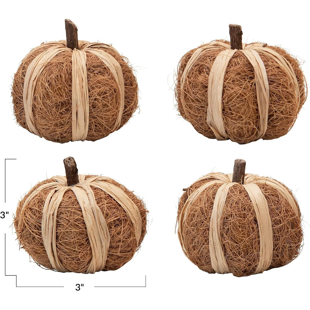 Four mini natural coco fiber and raffia pumpkins labeled with 3-inch by 3-inch dimensions.