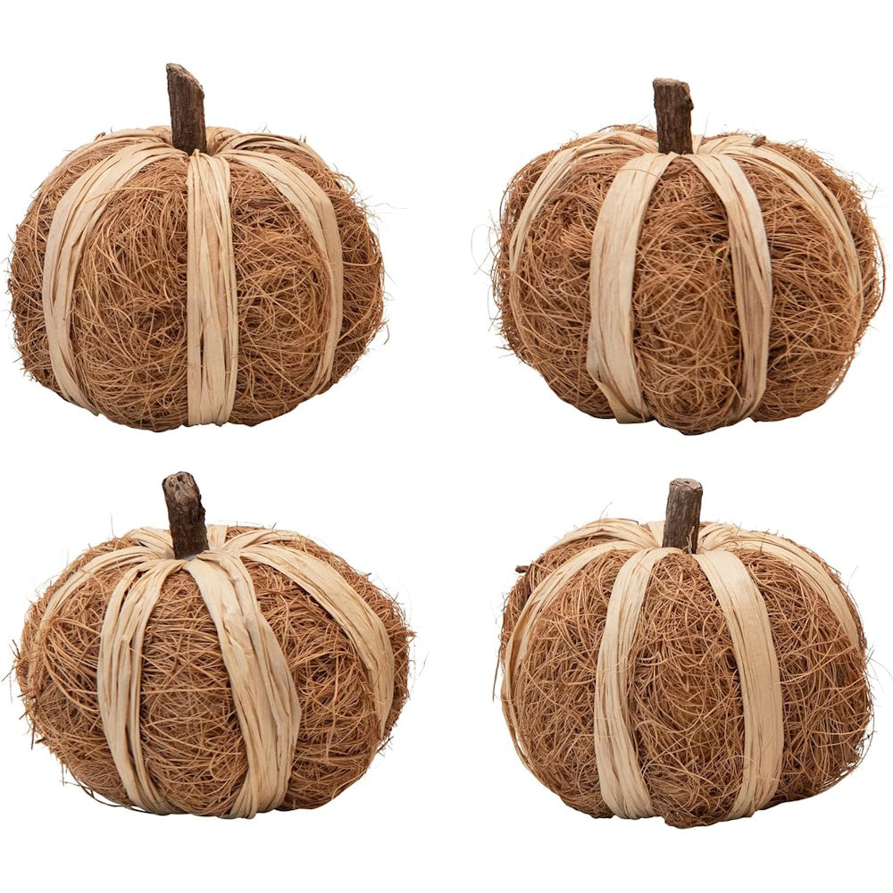 Four rustic decorative pumpkins crafted from natural brown coco fiber and raffia with wooden stems.