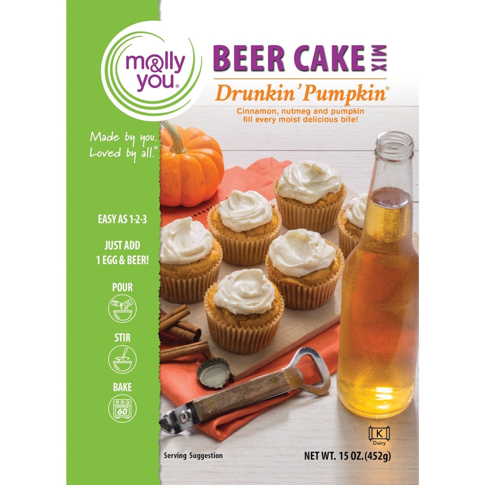 Molly & You Drunkin' Pumpkin Beer Cake Mix packaging showing cupcakes and a beer bottle.