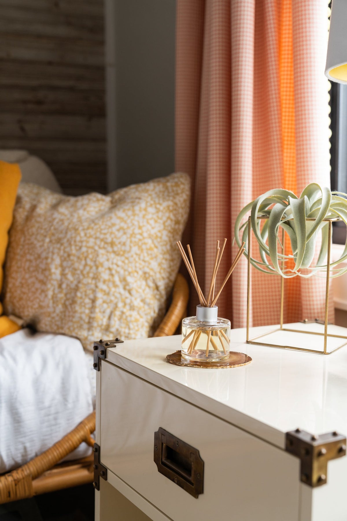 Decorative scene with a diffuser, plant, and pillows on a white surface.