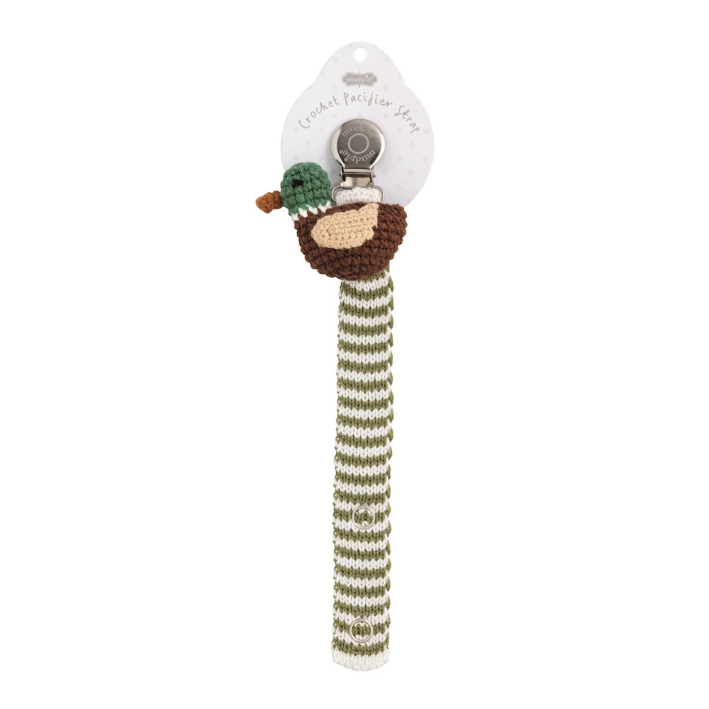 Crochet mallard duck pacifier clip with green and white striped strap by Mud Pie, featuring a metal attachment clip.