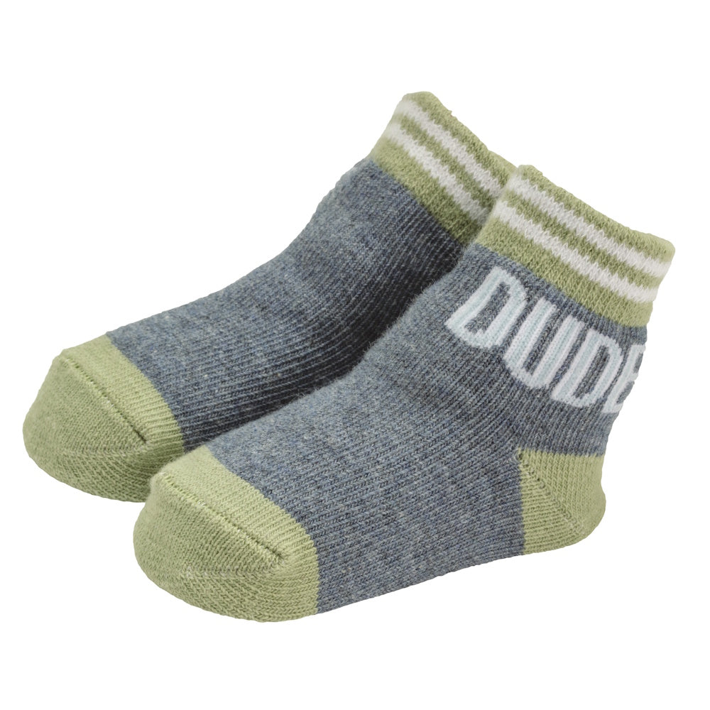 Blue and green baby socks with "DUDE" text, white stripes on the ankle, and reinforced toes on a white background.