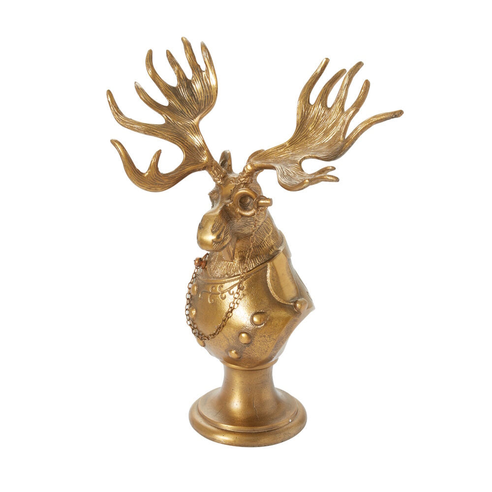 Front view of a gold resin Eugene the Moose bust figurine with a steampunk style.
